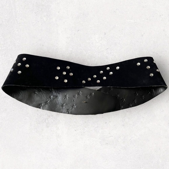 Susan Hyman Vintage Black Suede Belt Wide Studded Half Moon Buckle 80s Statement - Picture 6 of 15